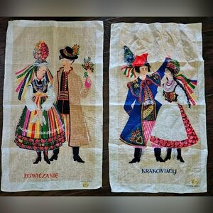 Vtg Linen Polish Folk Art Pieces of Couples Wearing Traditional Clothing